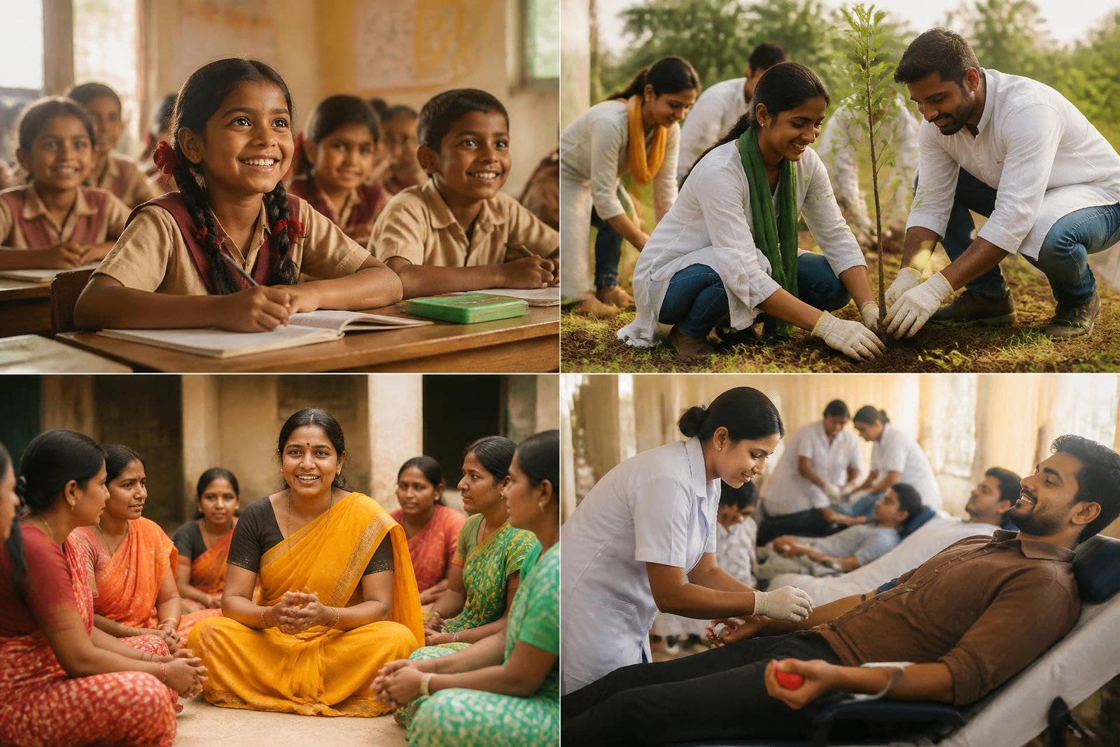 Children studying, volunteers planting trees, women's self-help group and a blood donation camp — the work of Swastika Sewa Sansthan